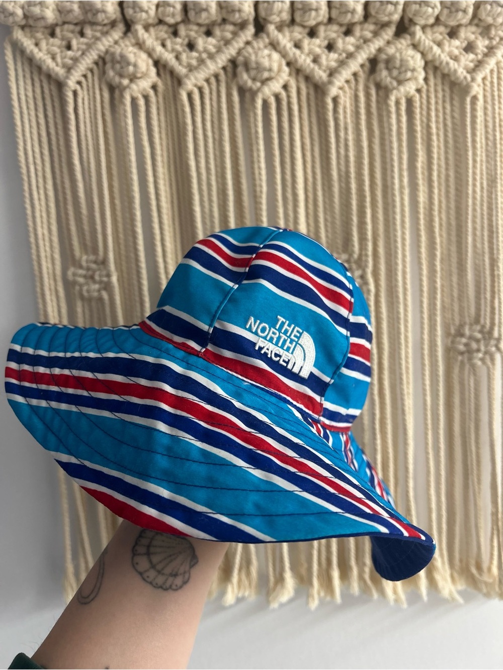 The North Face Striped Bucket Hat in Turquoise, Red & White